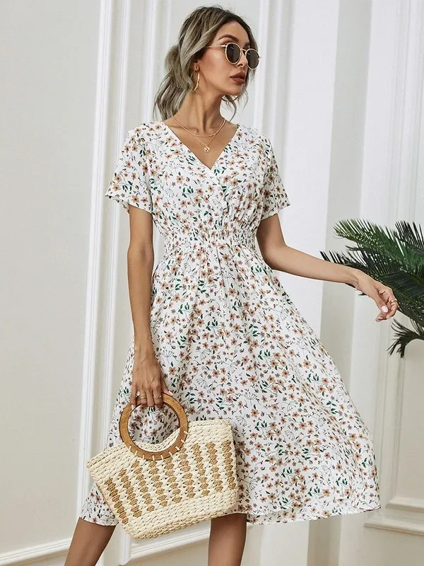 Allover Floral Print Shirred Talle Floryd Sukienka Summer Summer Wakacje wakacyjne krótkie rękawie w szyku A-line długa sukienka szata femme 220517