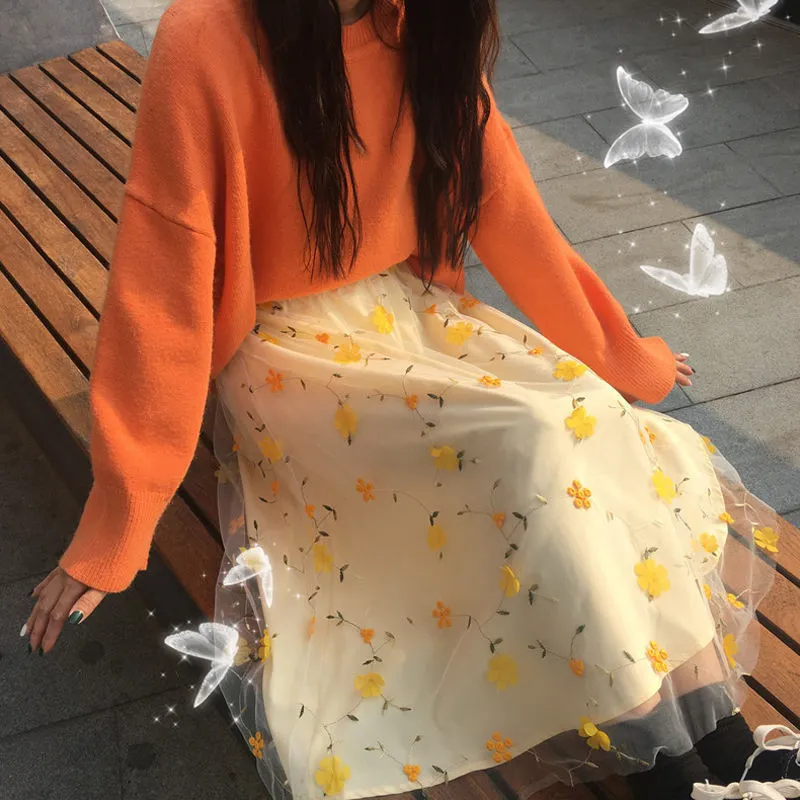 Yellow 3D Flower Lace Skrit Women High Waist Mesh Long Skrit Female elegant Midi tulle skirt Sweet Cute Student School Wear saia 220521