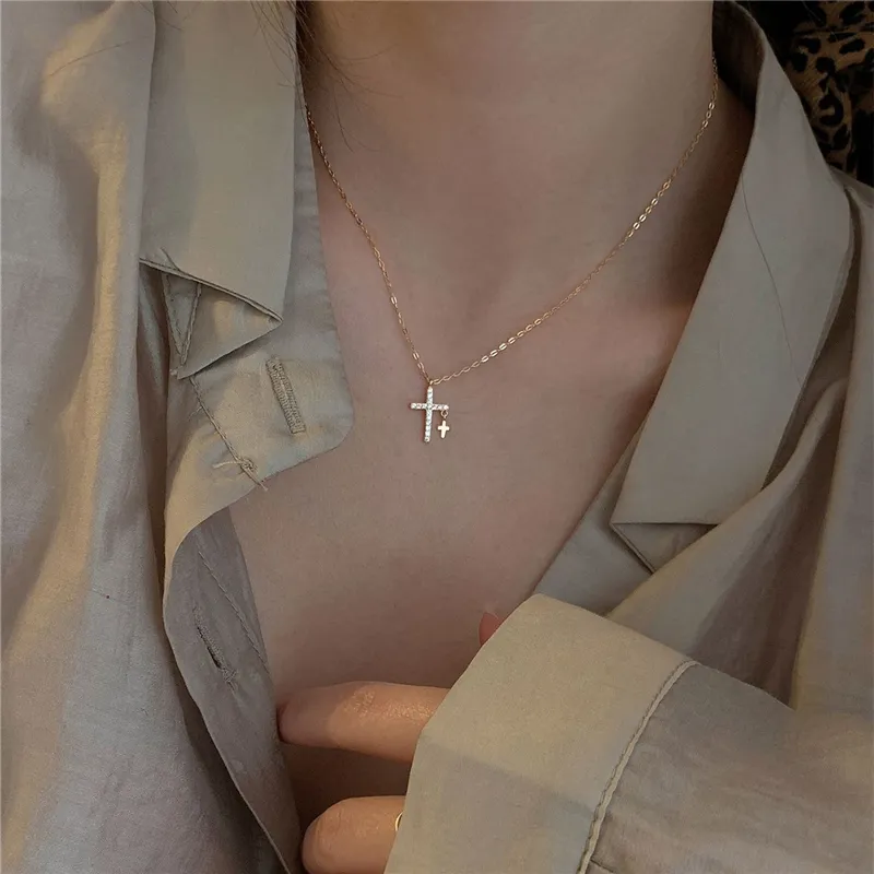 Colar de pingente de cruz de zircão de luxo criativo para mulheres ouro prata cor clavícula corrente moda joias