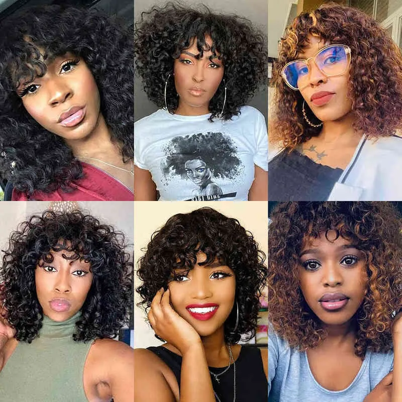 A Human Hair Wig With Bangs Water Wave Glueless Full Machine Made Deep Fringe Bob Wigs For Women Virgin Brazilian Pixie Cut 220606