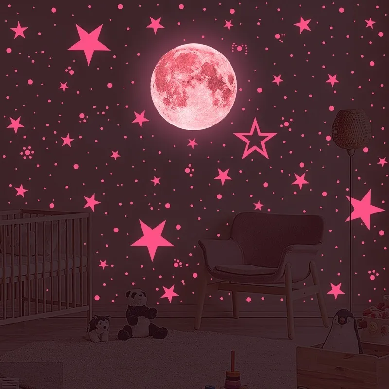 3d Pink Moon Luminous Stickers muraux pour les enfants pour enfants Décor de maison DIY ART DÉCALES FLUORESCENTS Les étoiles brillent dans l'obscurité 220607