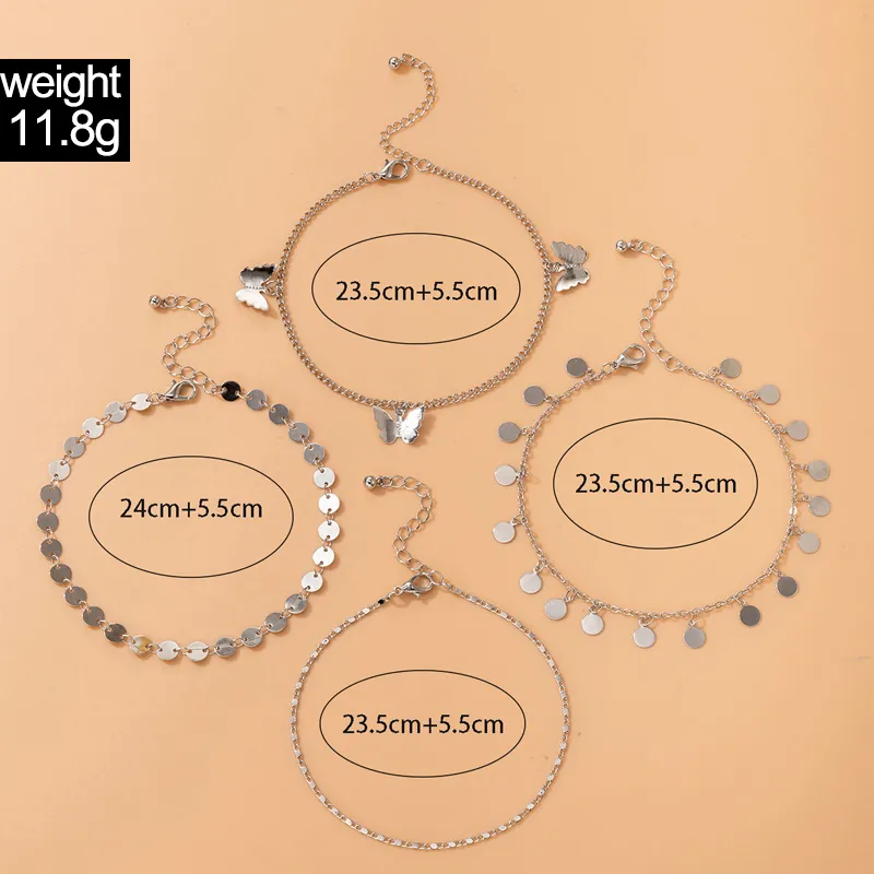 Tocona 4 pièces ensembles à la mode papillon gland bracelets de cheville pour femmes charmes couleur or alliage métal pied chaîne bohème bijoux 149854512885