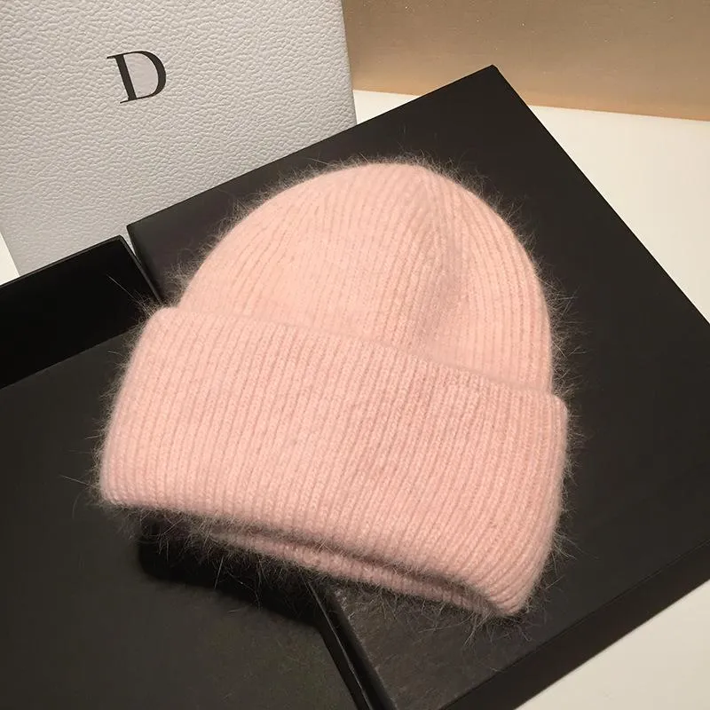 Beanie Skull Caps Winter Real Fur Knitted Hat For Women Fashion Luxury Hats Solid Color Warm Cashmere Wool Beanie Female Fold Thic264I