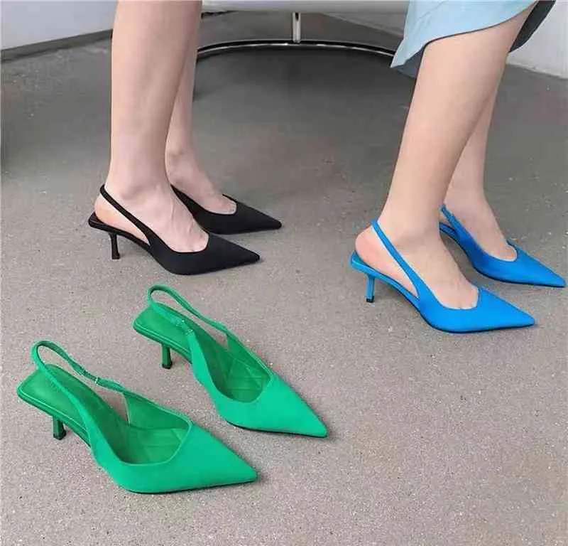 Sexy Pointed Toe Elegant Satin Kitten Heel Slingback Heels Shoes Women 2022 Brand Design Stretch Pumps Ladies Shoes G220527