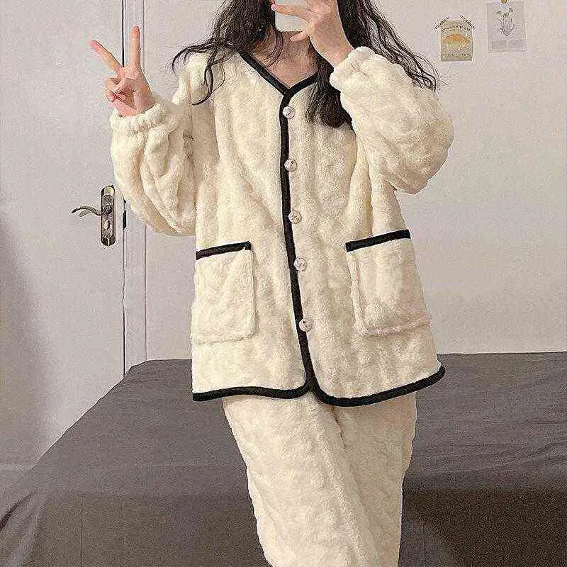 Vrouwen Elegante Tender Pyjama sätter Coral Fleece Eenvoudige Pluche Nighty Warme Gezellige Verwarming Winddicht Lounge V-Hals Nachtkleding L220803