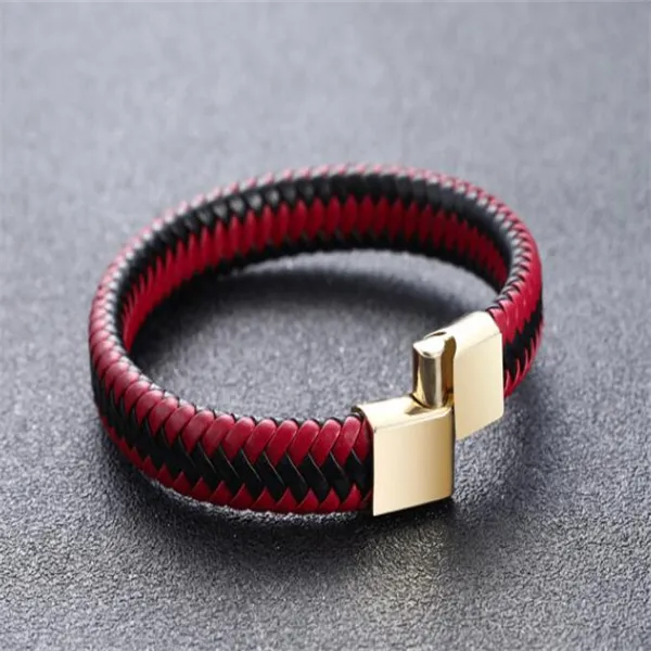 Charme pulseiras punk homens jóias preto vermelho trançado pulseira de couro aço inoxidável fecho magnético moda pulseiras envoltório pulseira g2497