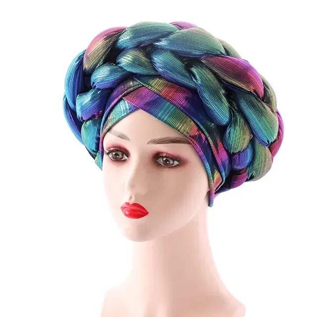 Turban Pre-Tied Headwrap Beanie Skull Caps Women Metallic Braided Head Covering Caps African Headties for Wedding