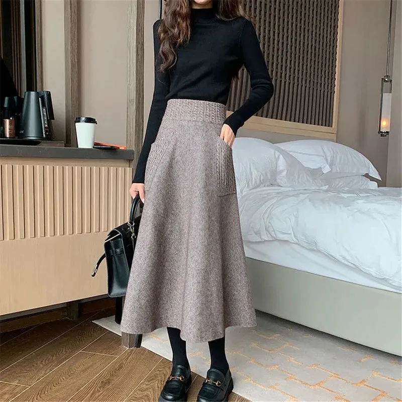Faldas largas de cintura alta para mujer, faldas largas tejidas de lana de invierno, Faldas Jupe Femme Saia, falda negra Vintage para mujer de oficina coreana con bolsillo 220317
