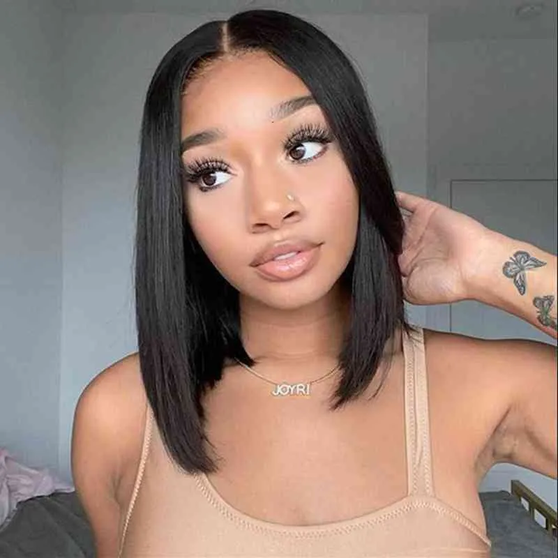 Brazilian Hair Density Remy 13x1 T Part Lace Wig Human Bone Straight s Bob Nature Color 220609