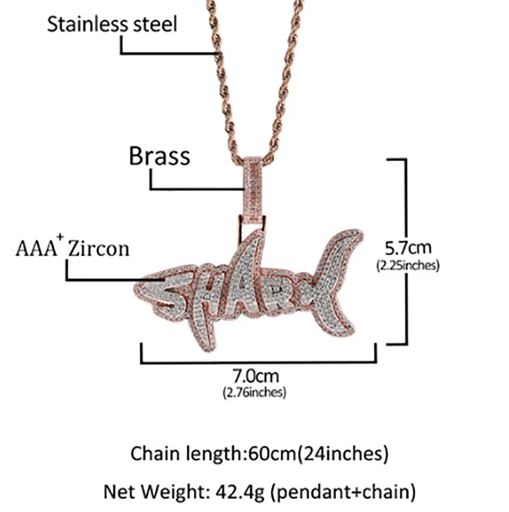 Nouveau Hip hop cuivre CZ requin pendentif Micro pavé cubique zircone simulé diamants pendentif collier hommes mode bijoux 2507