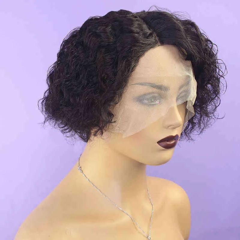 8 Inch Short Curly Bob Wig Jerry Human Hair Lace Wigs for Women Pre Plucked 13x1 T Part Pixie WIgs Peruvian Remy 220609