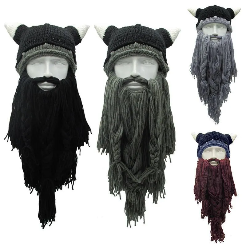 Adult Crazy Funny Halloween Cosplay Knitted Viking Beard Horn Hat Ski Mask Barbarian Vagabond Vintage Beanie Cap Winter Warmer 220812