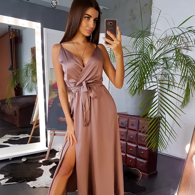 Dabourfeel Sexy Deep V-cou Spaghetti Strap Dresse Sans Manches Taille Haute Party Club Solide Couleur Long Midi 220402