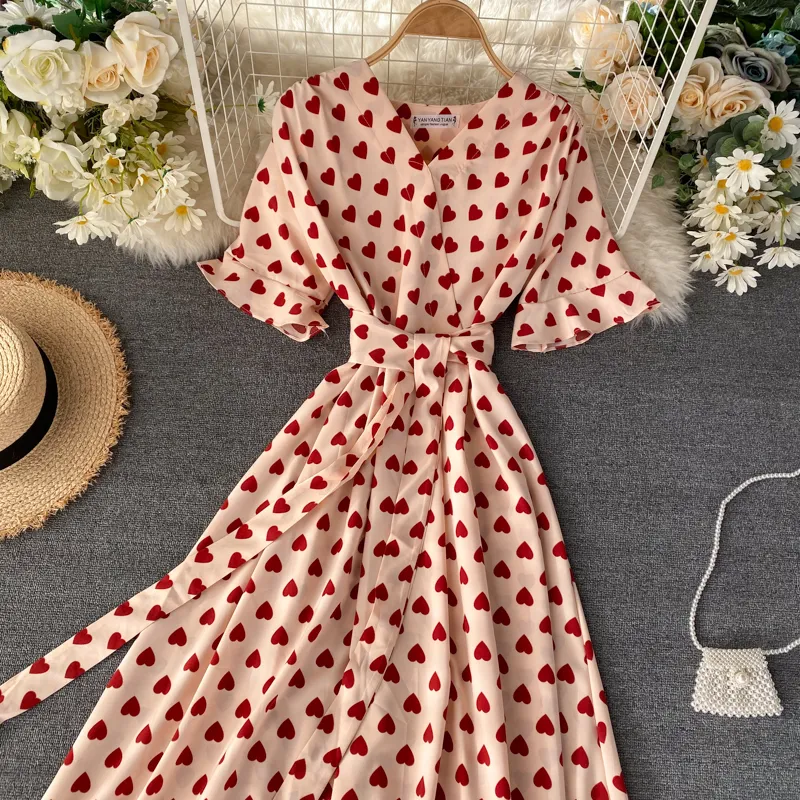 Slim Vintage Love Heart Print V Bandage Sukienka Summer Midi Long Party Women High Tase Vestido de Festa Elegant 220613