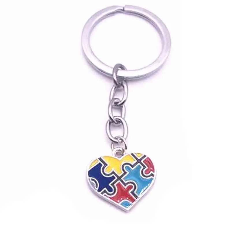 Hela 20st 10st Emalj Rhinestone Autism Awareness Jigsaw Puzzle Piece Charm Keychain Keyring for Man Woman Gifts298V