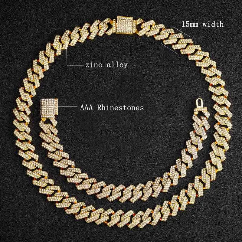 Hip Hop 15 mm bling Iced Out Crystal Cuban Prong ketting zirkoonarmband voor mannen sieradenketting kettingen