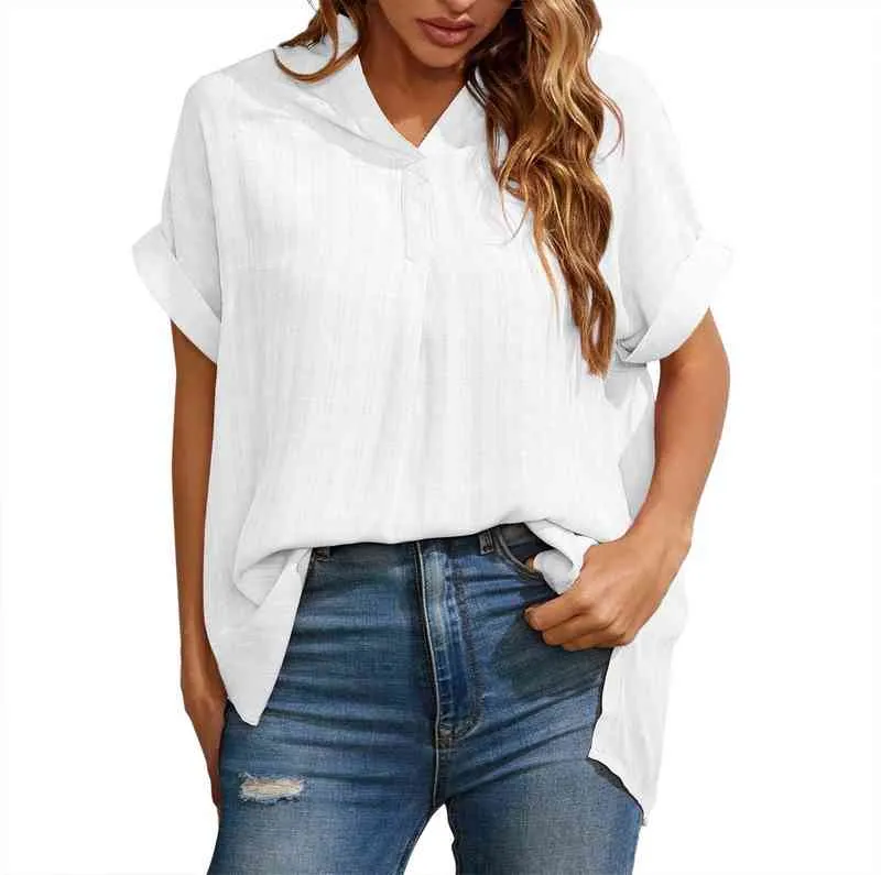 캐주얼 패션 솔리드 스트라이프 격자 무늬 프린팅 쉬폰 셔츠 여름 2022 V- 넥 짧은 배트 윙 슬리브 느슨한 블라우스 여성 의류 l220705