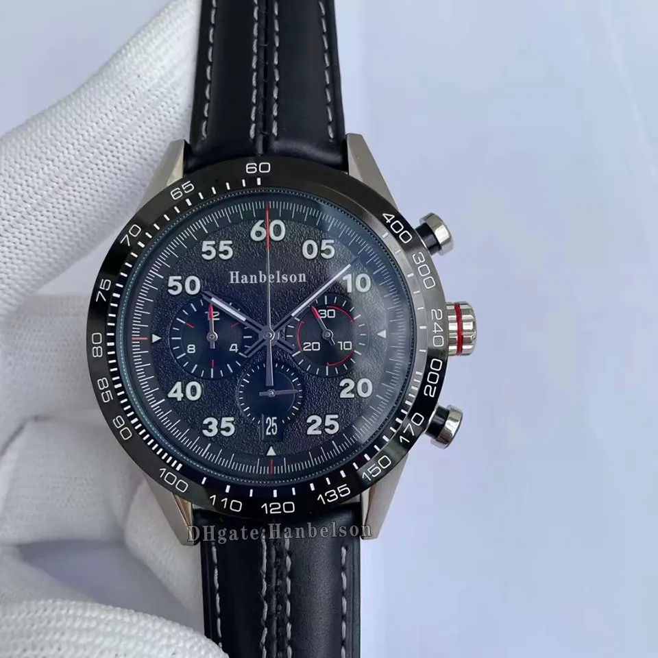 Herenhorloges sport racestijl VK Quartz uurwerk Uhr Zwart gezicht Chronograaf lederen armband 44 mm Horloges Hanbelson212T