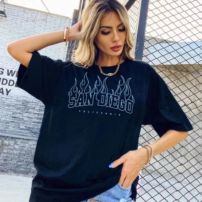 Fashion Womens Tshirts SAN DIEGO Letter Prints T Shirt Women ONeck Oversized Loose Short Sleeve Summer Tops Streetwear W220615