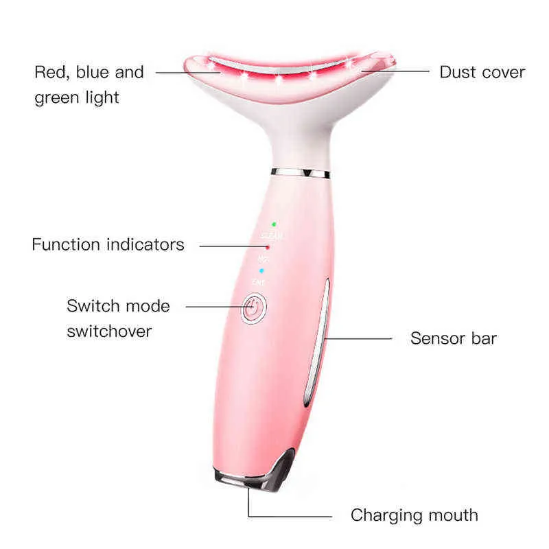 Neck Wrinkle Removal Massager 3 Färger LED Ansiktslyftning Fotonterapi Skin Dra åt Redge Double Chain Beauty Care Device 220520