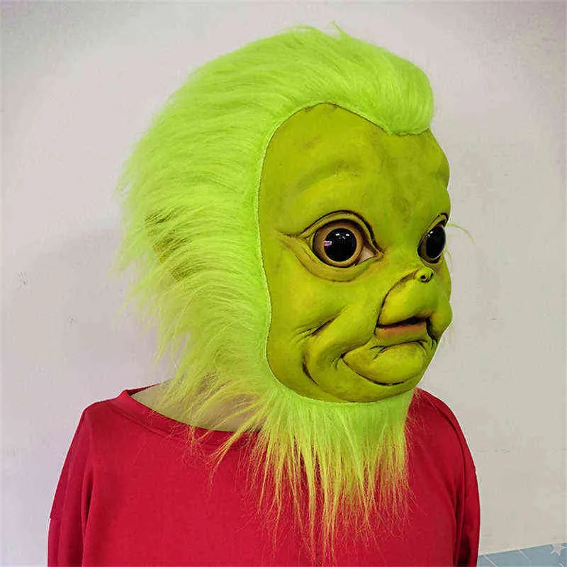 Christmas Adults Funny Face Mask Creative Green Hair Skin Monster Shape Full Decoration Costume Props L220530