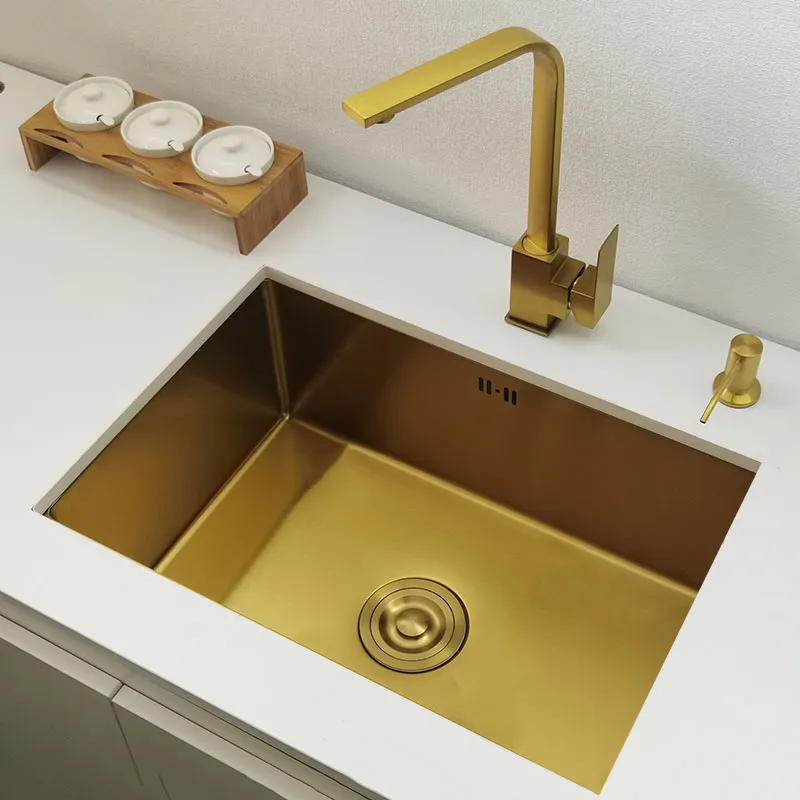 Gold Kitchen Sink 304 rostfritt stål handfat över räknare eller undermonterad installation en enda bassäng bar sjunka gyllene tvättbassäng3168804