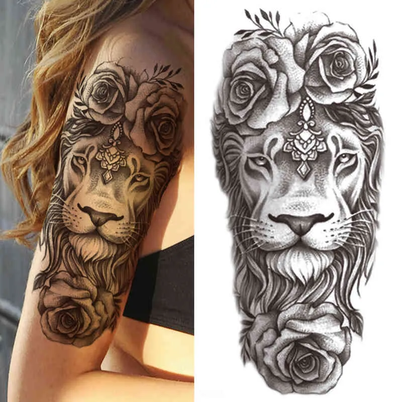 NXY Temporary Tattoo Sexy Rose Lion Flower s for Women Men Kids Boys Realistic Fake Wolf Sticker Black Cross Compass Tatoos 0330