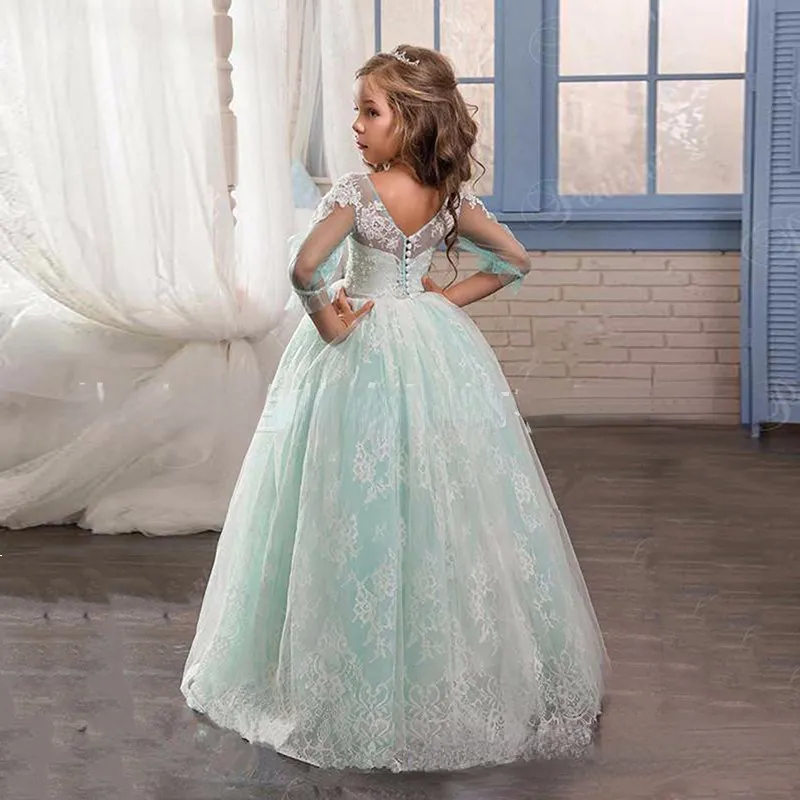 2022 Adorable robe de bal bleue robes de fille de fleur princesse pure manches longues appliques bijou cou dentelle enfant en bas âge robes de fête d'anniversaire