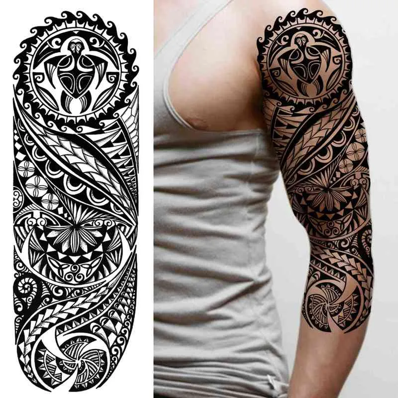 NXY Tijdelijke Tattoo Tribal Maori Mouw voor Mannen Vrouwen Volwassen Wolf Lion S Sticker Zwart Grote Turtle Tiki Fake Tatoos Supplies 0330