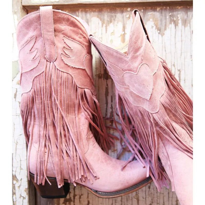 Haft marki Mid Calf Kobiety różowe kowbojki cowgirls swobodne zachodnie buty masywne spiczaste buty palec butów hurtowe 220810