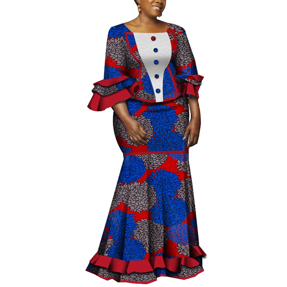 BintareAlwax 2ピースドレスアフリカンプリントスカートスーツフォー女性パーティーウェディングトレジトール衣類トップブラウス ロングペンシルスカート服セットWY5240