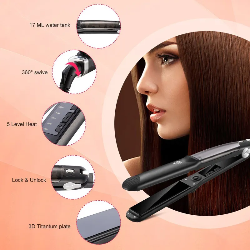 Professional Hair Straightener Steam Electric Comb Dual Voltage Flat Iron Curler style Vapor Tool 220623