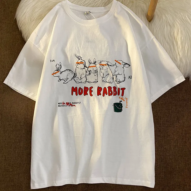 100%Cotton Super Chic Rabbits tryckt T -skjorta för kvinnor Summer överdimensionerad stor storlek harajuku mode tonåringar flickor tees 220511