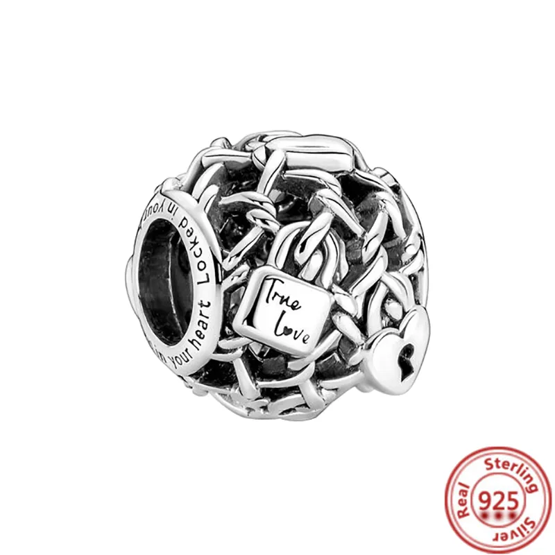 925 branelli di fascino d'argento ciondola catena traforata collegamento lucchetto cuore chiave serratura tallone adatto Pandora charms braccialetto accessori gioielli fai da te