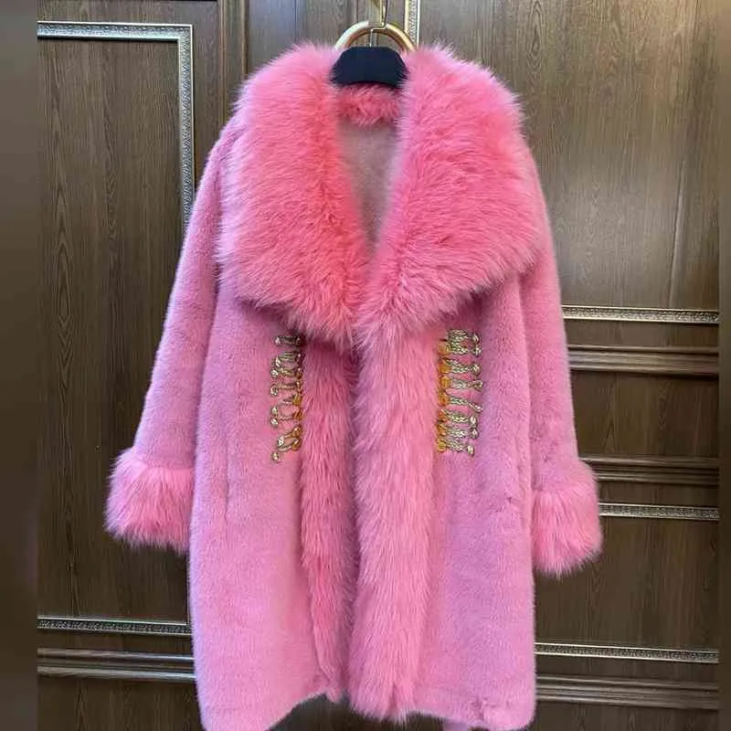 Moda europejska High Street z długim rękawem wełniana skórzana futrzana płaszcz dla kobiet 2022 Elegancka ciepła, swobodna kurtka T220810