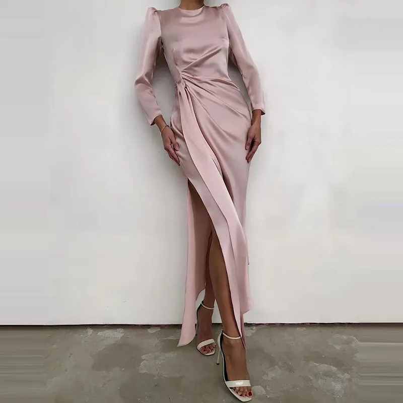 Spring Autumn Satin Dress Women Fashion Slit High talia długa bandaż reresido żeńska swobodna rękaw Solid Maxi 220521