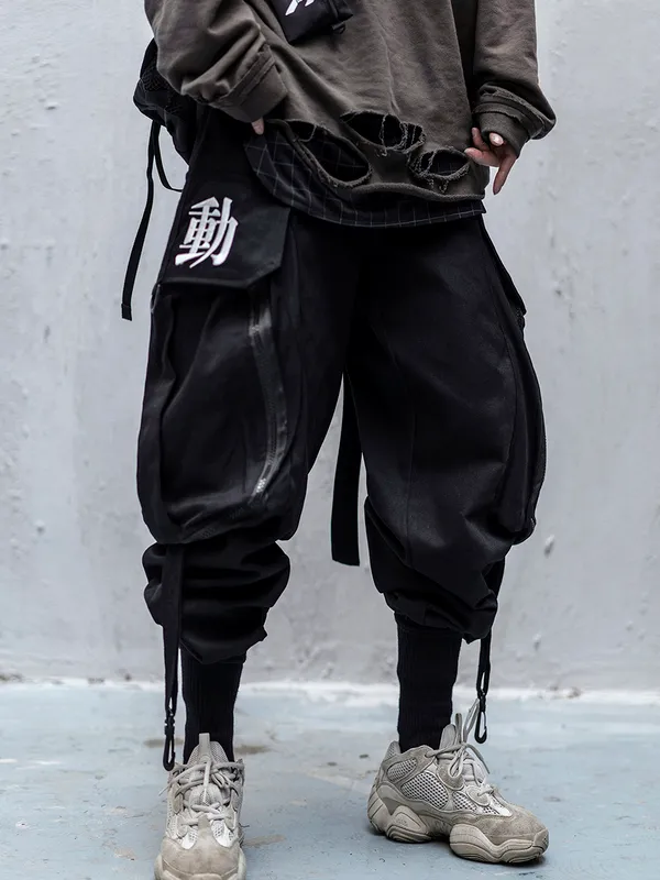 Japońska Streetwear Techwear Spodnie Cargo dla Mężczyzn Baggy Wide Noga Czarny Jogger 220323