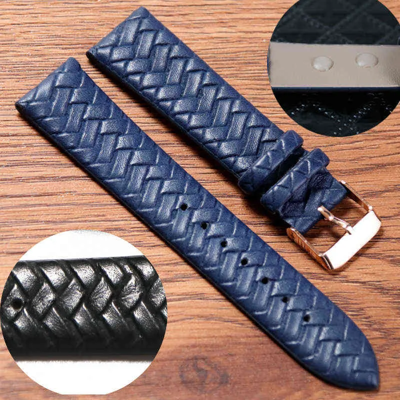 Strap 20 mm Vävt mönster Blå Svart Mjuk Byte Läderband Läder med Rostfritt Stål Spänne Högkvalitativ G220420