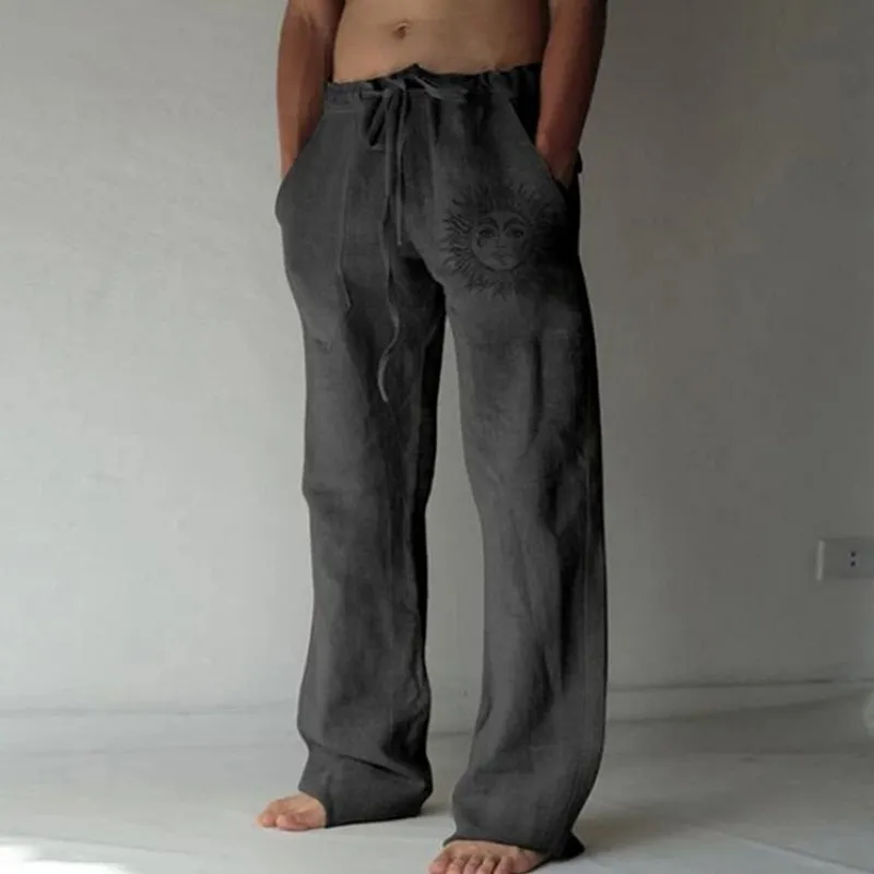 Mens Casual Pants sweatpants Sun Flower Print Full Length Pants Pocket Drawstring Linen Trousers Men 220621