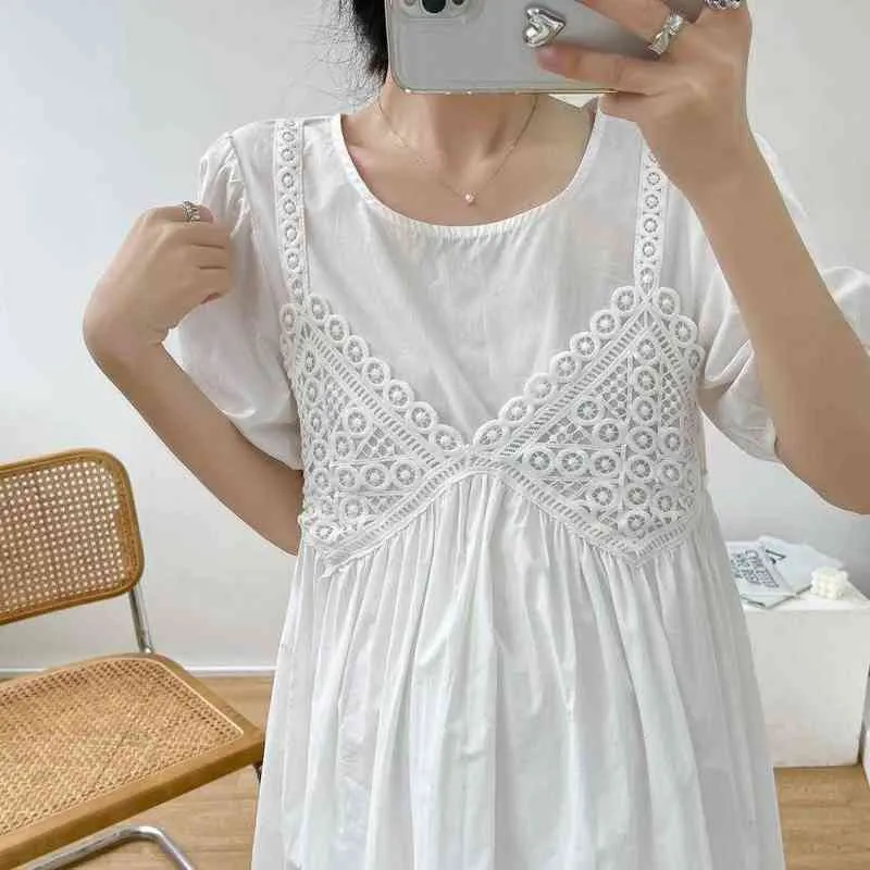 Vestido de festa de festa de renda de renda de algodão de verão Mini vestido de maternidade branca Manga curta Doce vestido Aline J220628