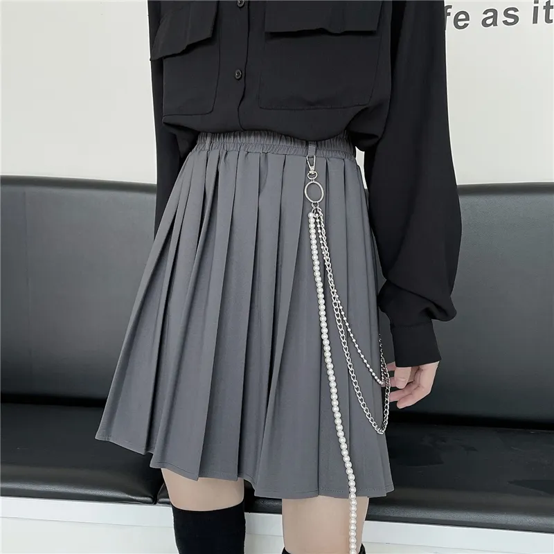 Black Gothic Women Pleated High Waist ALine Woman Summer Harajuku Female Mini s Preppy Style Lady Short Skirt D220618