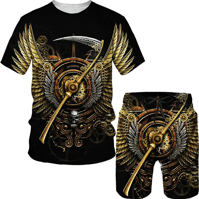 Sommermode Mann Sets Schädel T-Shirt Shorts Trainingsanzug 2 Stück Outfits 3D Cool Kurzarm Bluse Herrenbekleidung Streetwear 220726