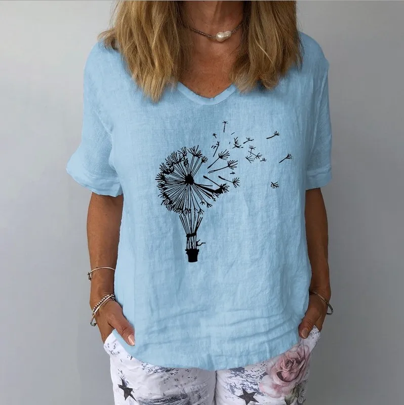 Impressão de dente-de-leão de verão Tops de learnion feminino t-shirts de manga curta de denominação