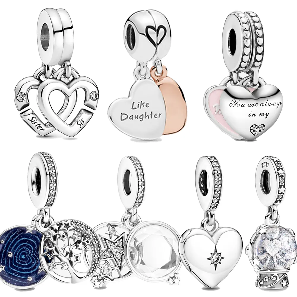 Nowy popularny 100% 925 Sterling Srebrny Siostry Sióstr Serce Split Wisiant Charm Fit Pandora Srebrna bransoletka