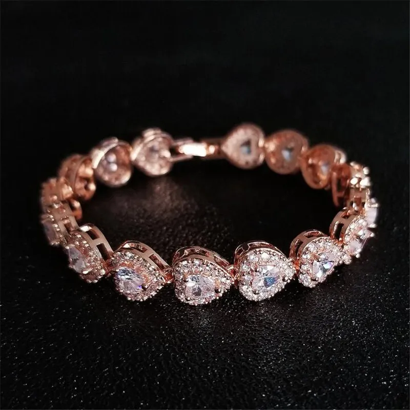 Luxury Jewelry Wedding Bracelet 925 Sterling Silver Heart Shape White Topaz Rose Gold Fill Party Promise Women Engagment Bangle Fo256S