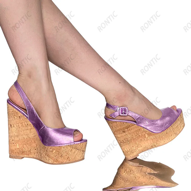 Rontic New Fashion Women Sandals Sandals Crack Crack Crack Heels Peep Stopa Wspaniałe fioletowe jasne złote buty imprezowe rozmiar 5-20