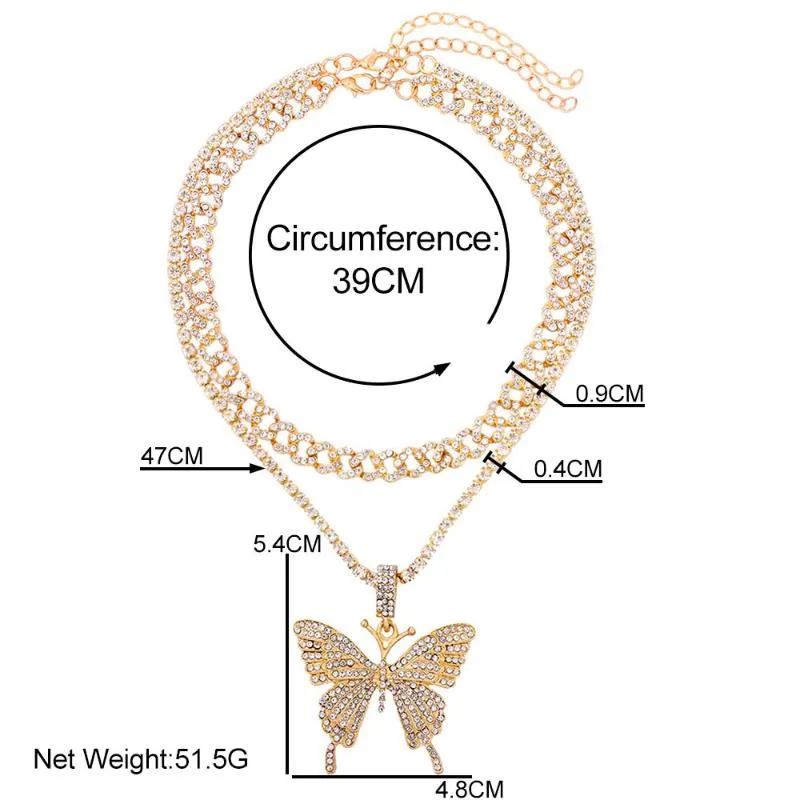 チェーンヒップホップピンクピンクビッグバタフライペンダント女性用の分厚いキューバチョーカーネックレスマルチカラーラインストーンメタルリンクチェーンパンクJew171o