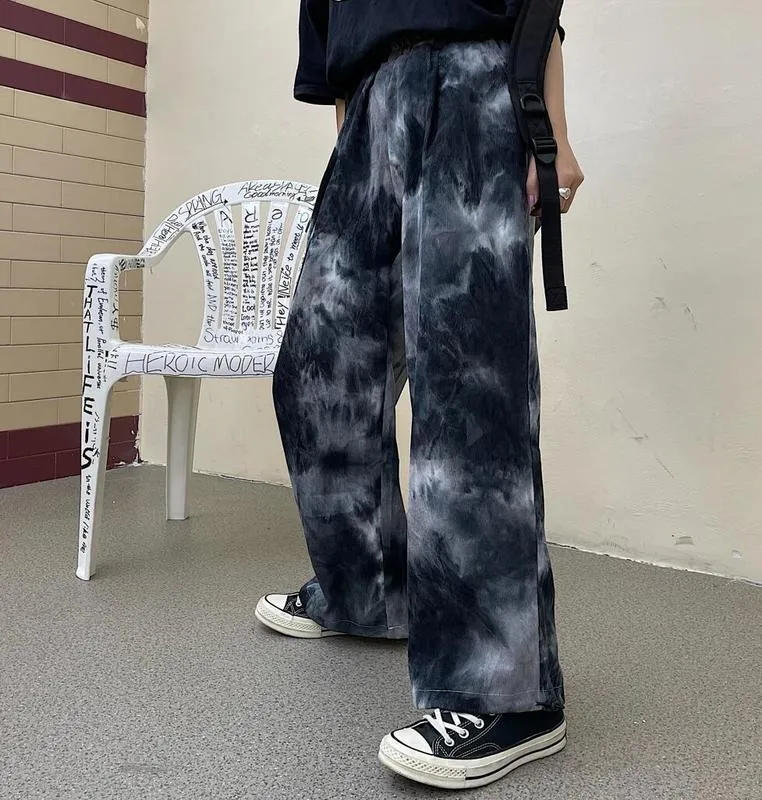 KOSAHIKI Punk Tie Dye Women Wide Leg Pants Casual Streetwear Japanese Trousers Harajuku Hip-hop s Sweatpants Baggy Pantalon 220325