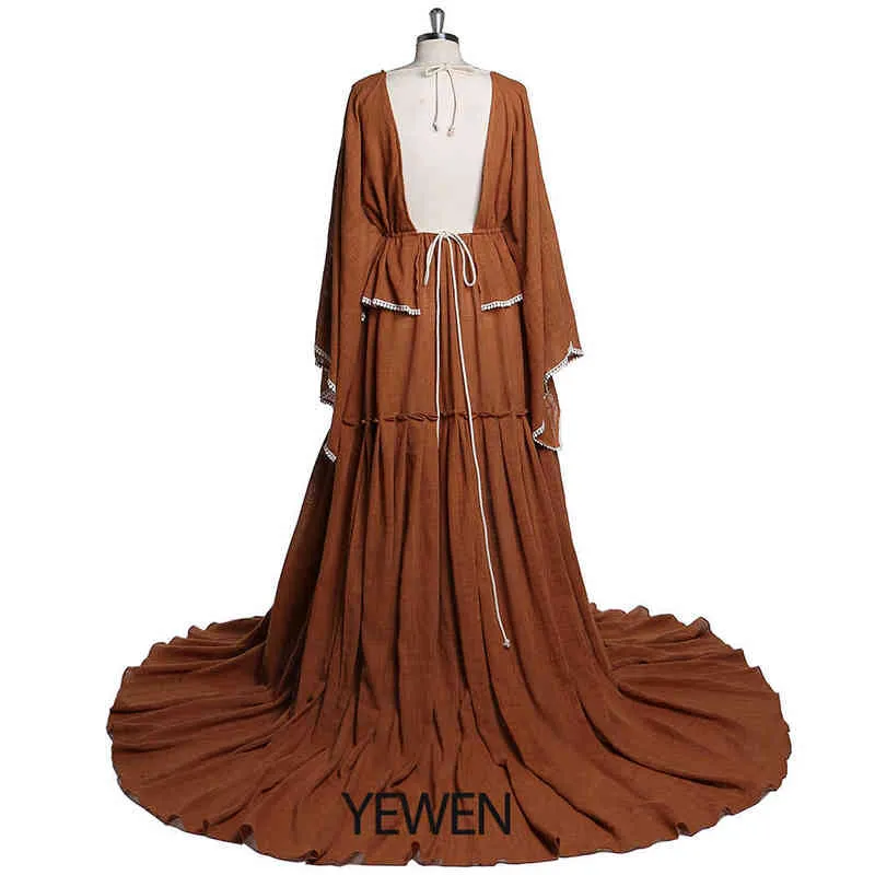 사진 촬영을위한 우아한 출산 드레스 Long Flare Sleeves 사이드 슬릿 임신 드레스 Cotton Maxi Dress Yewen J220628