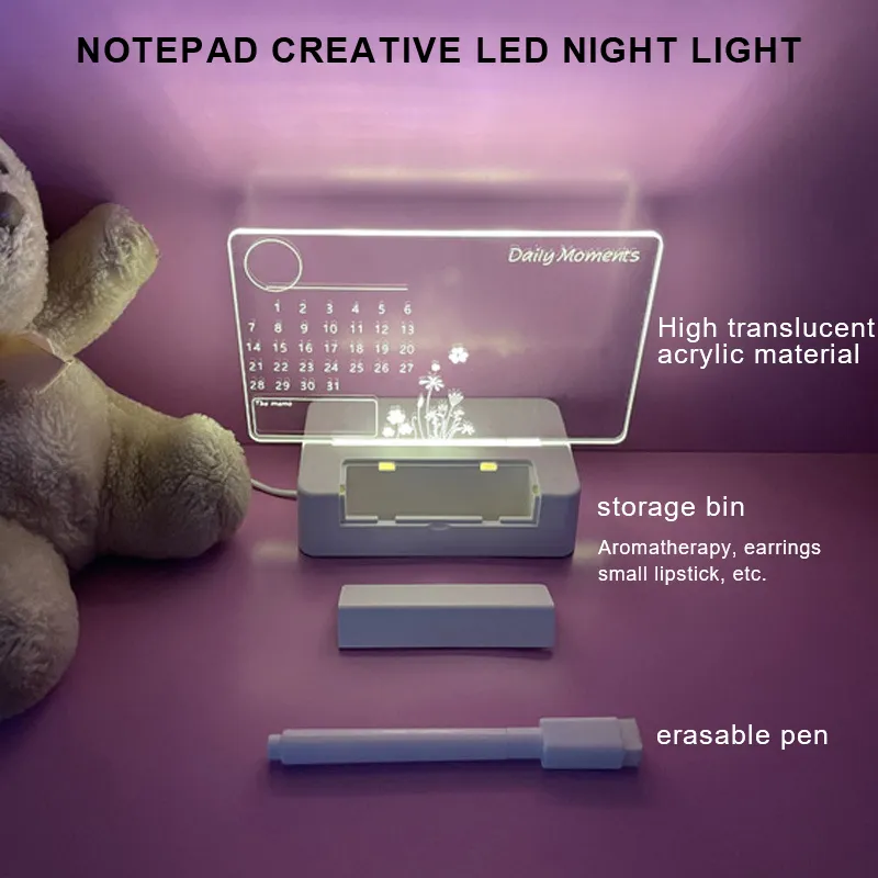 Tableau de notes LED veilleuse USB, tableau d'affichage, lumières de vacances avec stylo, cadeau pour enfants, décoration de petite amie, lampe de chevet 1747